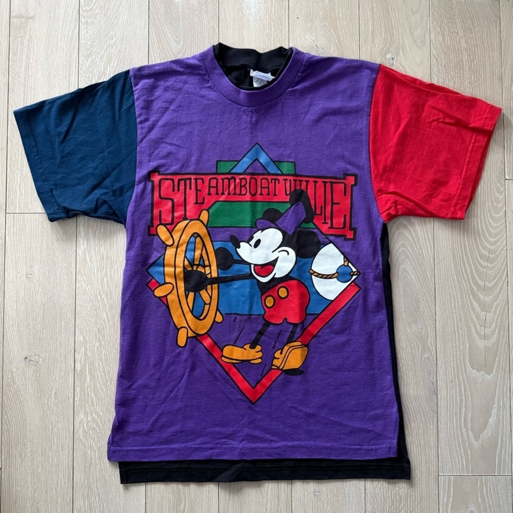 RARE VTG Disney Mickey Steamboat Willie Colour Block T Shirt Size M USA Retro